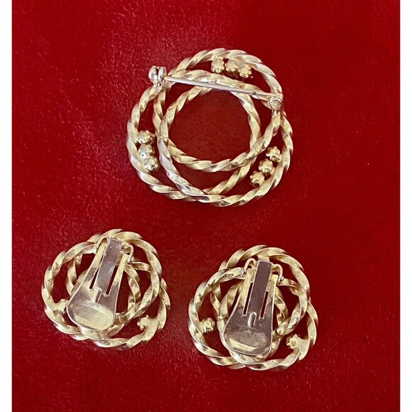 Vintage Gold-Plated Open Twist Lover's Knot Brooch and Earring Set Faux Pearl Ex - Picture 4 of 12